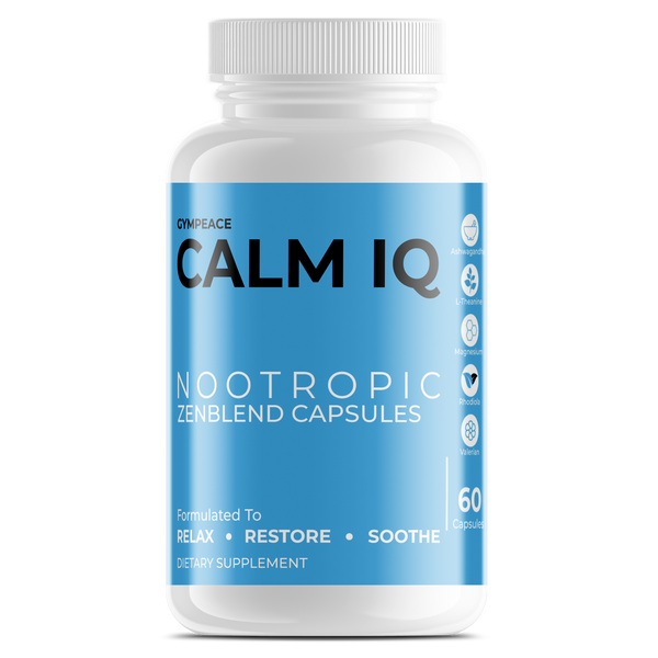 CalmIQ: Nootropic ZenBlend 60 Capsules to Relax & Soothe (Sugar Free) with Ashwagandha, Magnesium, Rhodiola, L-Theanine, Valeria, GABA, Biotin, 5-HTP Gym Peace: Supplements to Calm & Sleep (Gluten Free, All Natural, Non-GMO, Zero Sugar, Vegan, Organic)